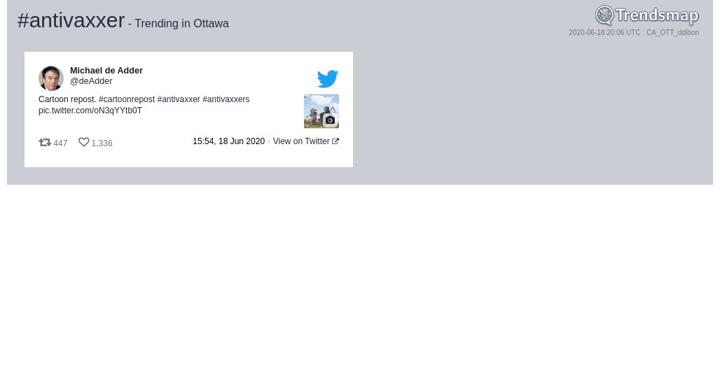TrendsOttawa's tweet photo. #antivaxxer is now trending in #Ottawa

https://t.co/koyvOZ68UY https://t.co/rXdnRaqDWr