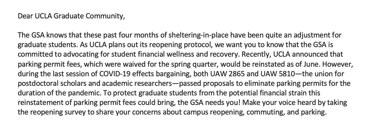 uclaGSA's tweet image. Worried about UCLA's reinstatement of parking permit fees? Make your voice heard by taking the reopening survey to share your concerns about campus reopening, commuting, and parking here: surveymonkey.com/r/UAW2865Healt…