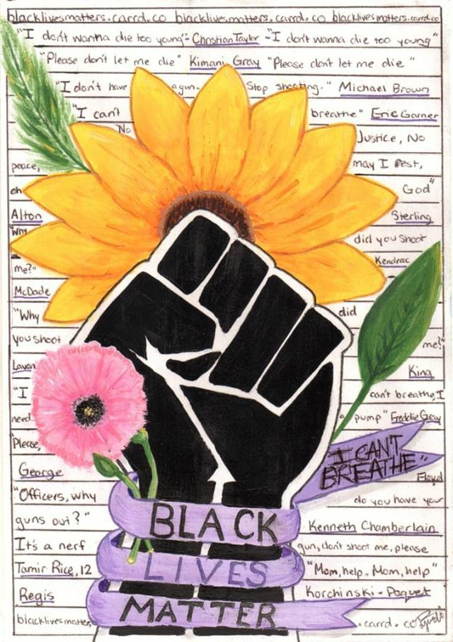 Submitted by Farah: "This shows growth and strength in our fight through unity. The backgrounds has the final words of the victims of police brutality and racial profiling."
<a href="/NorthParkSSca/">North Park Secondary</a>