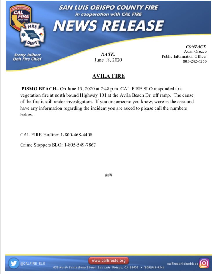 News release regarding the Avila Fire. #CountyofSlo #PismoBeach #ShellBeach #AvilaBeach