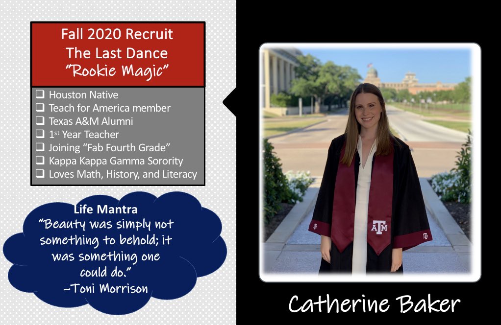 AngelWilson36's tweet photo. Another addition to #FabFourth grade is Catherine Baker. She is our only rookie and she will be surrounded by a wealth of expertise, knowledge, & wisdom. Congrats on your recent graduation from @TAMU🥳 Thanks @DianaGarciaLum for helping us to recruit! #itsAlmostGameTime🏀 https://t.co/12P1yas4To