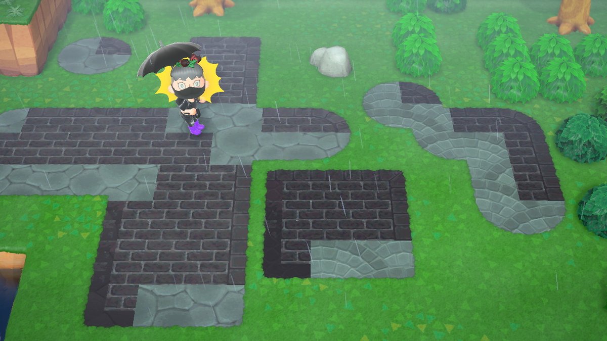 Already back on my bullshit. Early stages of a simple edged black brick path with round corner options. It requires a bajillion slots. #ACNH