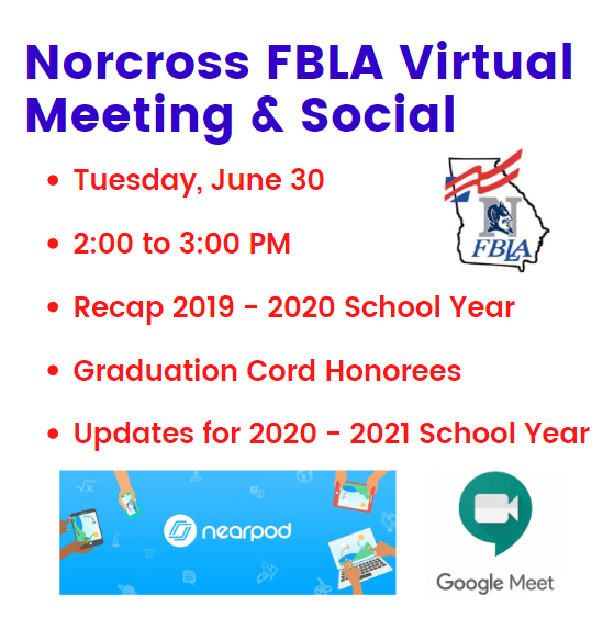 NORXFBLA's tweet photo. Please join us on Tuesday, June 30! Google Meet Link will be posted out chapter website! #norcrosshighschool #norcross #peachtreecorners https://t.co/57D8Jqjfaj