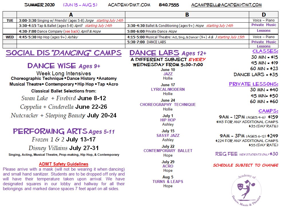 AcademyDMT's tweet photo. UPDATED #summer #classschedule #summercamps #summerclasses #dancecamps #dancewpb #westpalmbeach #danceacademy #dance #music #theatre #dancemoms https://t.co/UqMJ6tQMhg