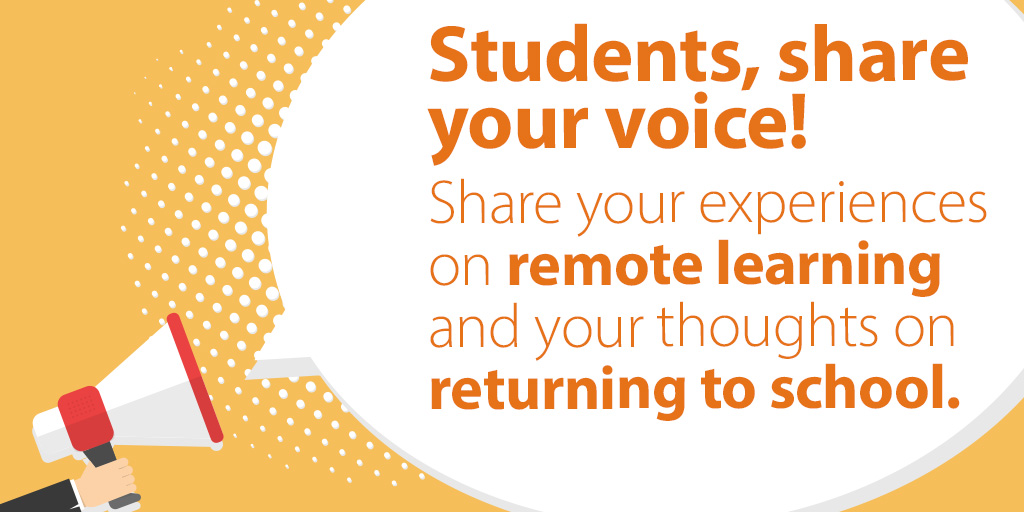 Students! Share your voice! 

Students in Grades 7-12 &amp; Adult students are invited to fill out our survey. We want to hear about how we can better support your well-being, your experience in remote learning &amp; any other concerns &amp; expectations you may have. bit.ly/2UT8rAs
