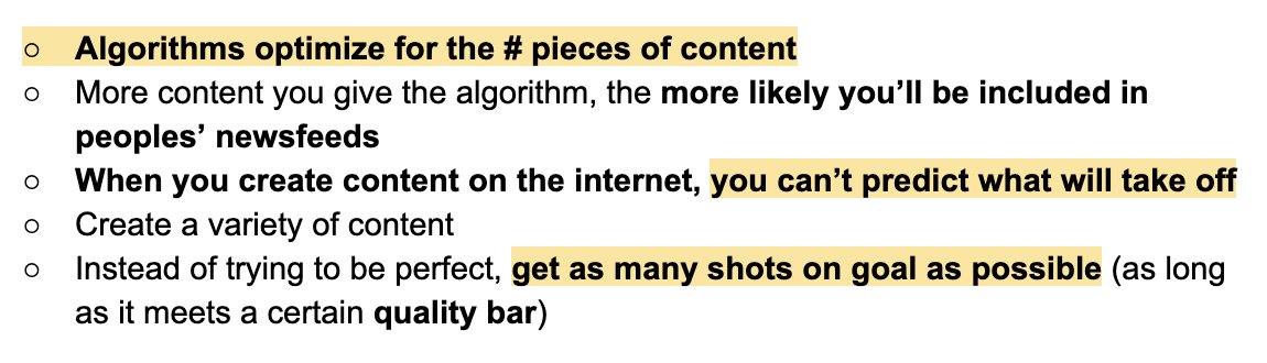 2. Get more shots on goal.You can't predict what media will take off and what won't. Pomp is often surprised by which Tweets, videos, and interviews go viral. The more you create, the more chances you have to pop. Just maintain a minimum bar for quality in your work.