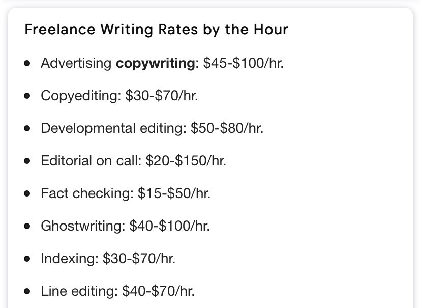 CopywritingA valuable skill I attempt but mostly farm out. It boils down to getting paid to write words that make people do things.Here are average rates for copy writing