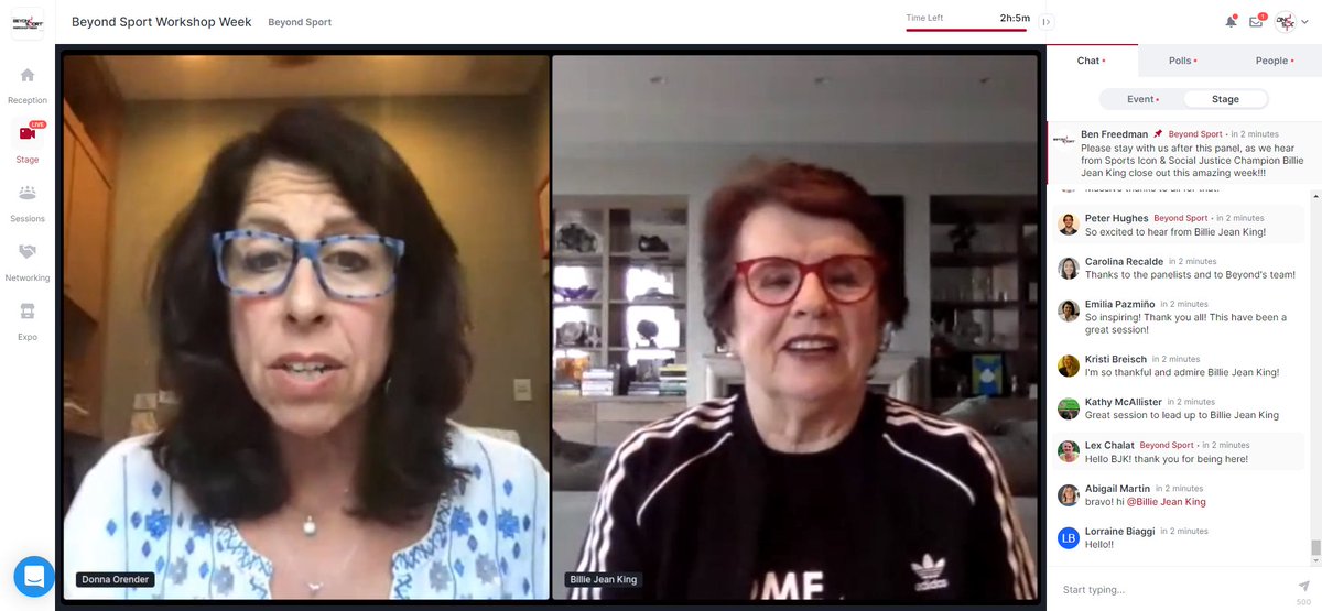 BeyondSport's tweet photo. #BYSWorkshopWeek Closing keynote with @BillieJeanKing ๐ช๐พ https://t.co/o70jAOqk8b