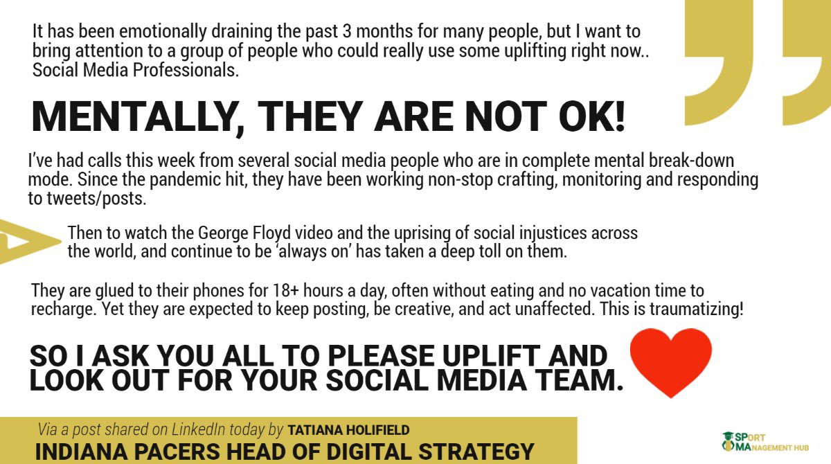 spmahub's tweet photo. Social media professionals are NOT OK mentally right now, says Tatiana Holifield, Head of Digital and Social Media Strategy for the Indiana Pacers. 

Here’s her full message (via LinkedIn) ⬇️ https://t.co/FkMiPx5uuz