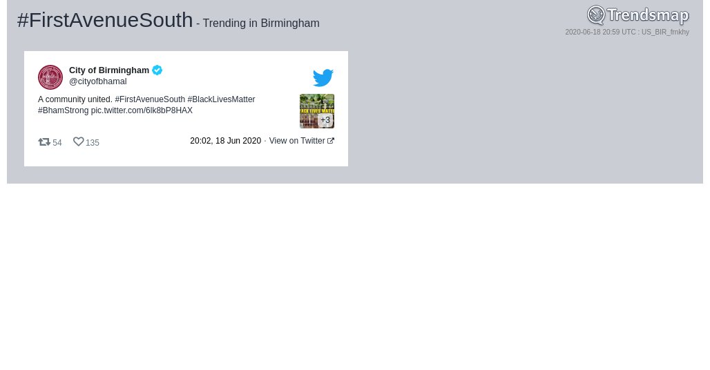 TrendBirmingham's tweet photo. #firstavenuesouth is now trending in #Birmingham

https://t.co/iBMTksAUi4 https://t.co/zfwoT3LPsr