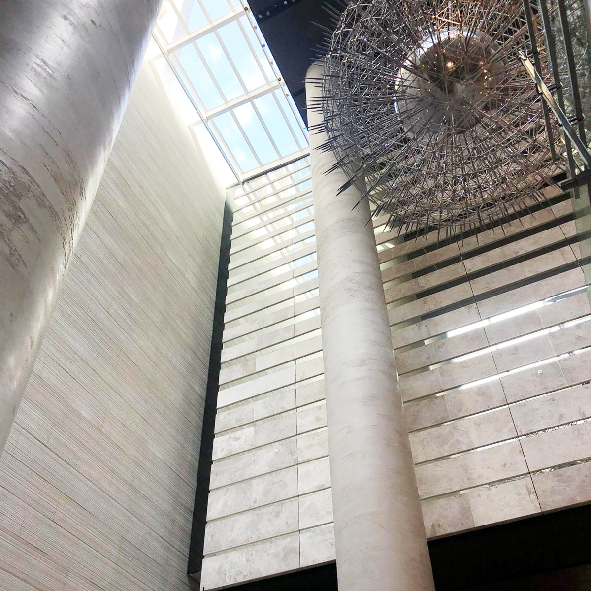 In the lobby of our newest location, Olderfleet you will find “Solar”. The spectacular sculptural centrepiece is crafted from intricate steel and aluminium (weighing 4.5 tonnes!) and responds in real-time to the sun and connect the building to it’s surrounding environment.