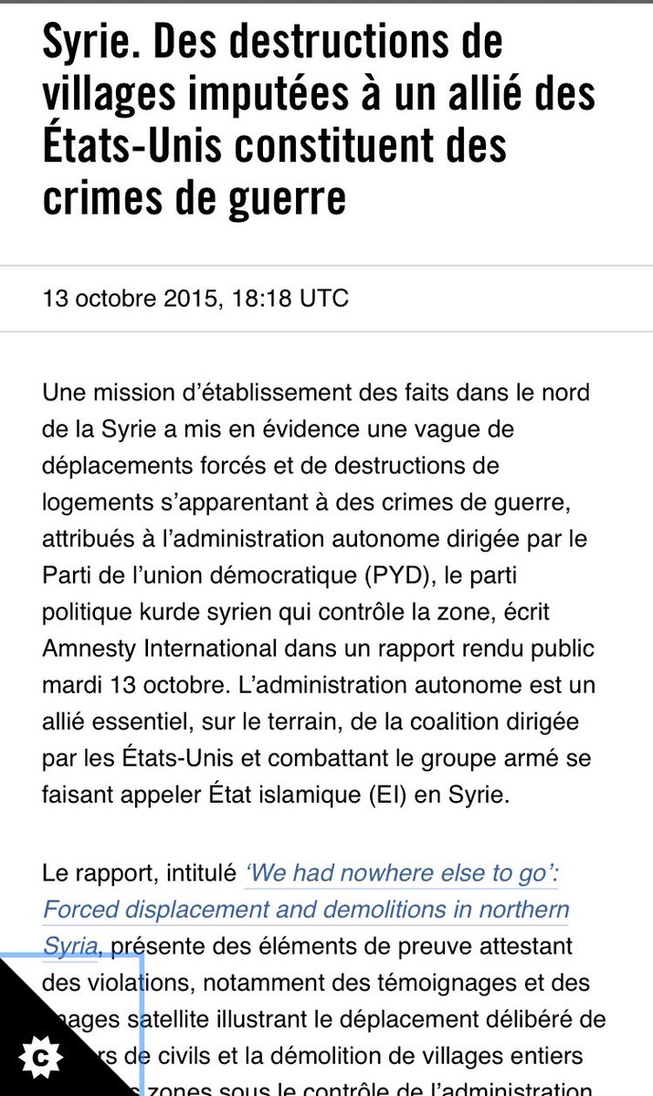 Le PKK/YPG est coupable de crime de guerre !En Syrie ils détruisent des logements de civils, en rasant et en incendiant des villages entier, en déplaçant de force les habitants !Ils violent le droit international humanitaire ! https://www.amnesty.org/fr/latest/news/2015/10/syria-us-allys-razing-of-villages-amounts-to-war-crimes/ #PKKlies