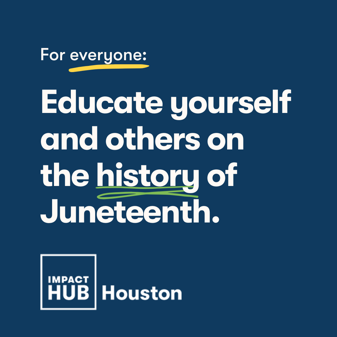 gracerodriguez's tweet photo. Join @impacthubHOU in honoring #Juneteenth: Watch our #CoreConversation with @PJY_Equiliberty, join some of tomorrow's highlighted online events, and support black entrepreneurs + initiatives like @MsaadaPartners, @forwardevernj, @wgbpodcast: https://t.co/ZggYjkb1qZ #HOUimpact https://t.co/E8sovDoOti