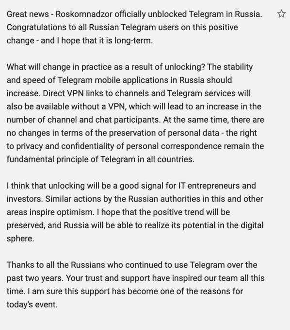 Russia lifts ban on Telegram messaging app.
Message from Durov, CEO of Telegram published on his Telegram channel.