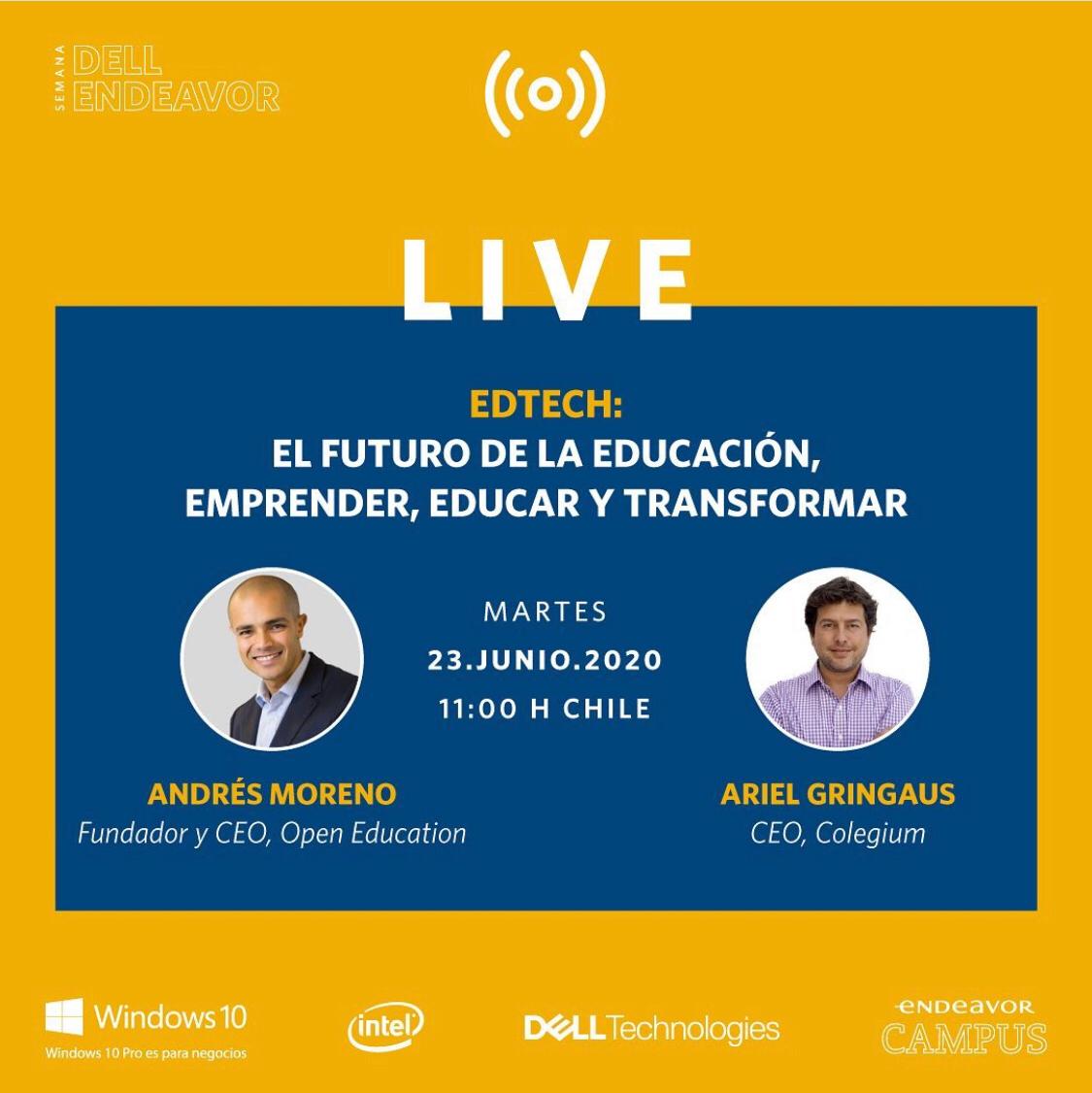 Este martes 23, a las 11, nuestro CEO <a href="/arielgringaus/">Ariel Gringaus</a> 👨‍💼 estará en el live: "El Futuro de la Educación, Emprender, Educar y Transformar"💙
Los invitamos a inscribirse en este link 🤩: bit.ly/Semana-Dell-En…

#HablandodeEducación #ColegiumLatam <a href="/endeavorchile/">Endeavor Chile</a> <a href="/EndeavorCol/">Endeavor Colombia</a>