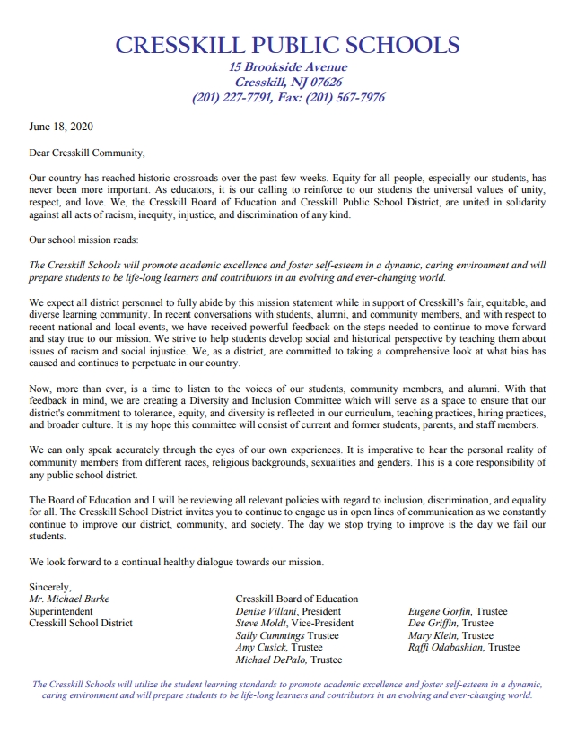 Letter to the Cresskill Community from Mr. Burke and the Board of Education