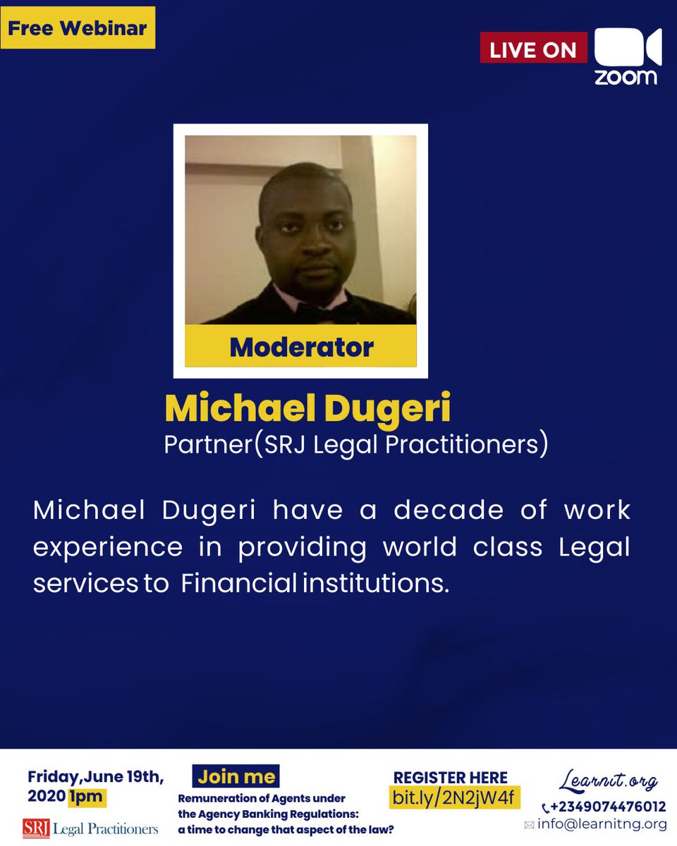 SRJ_LP's tweet image. bit.ly/2N2jW4f Register To join  Michael Dugeri on a free webinar to discuss about financial inclusion, agent under agency banking and transaction cost and global trends. At 1pm on Friday June 19th 2020
