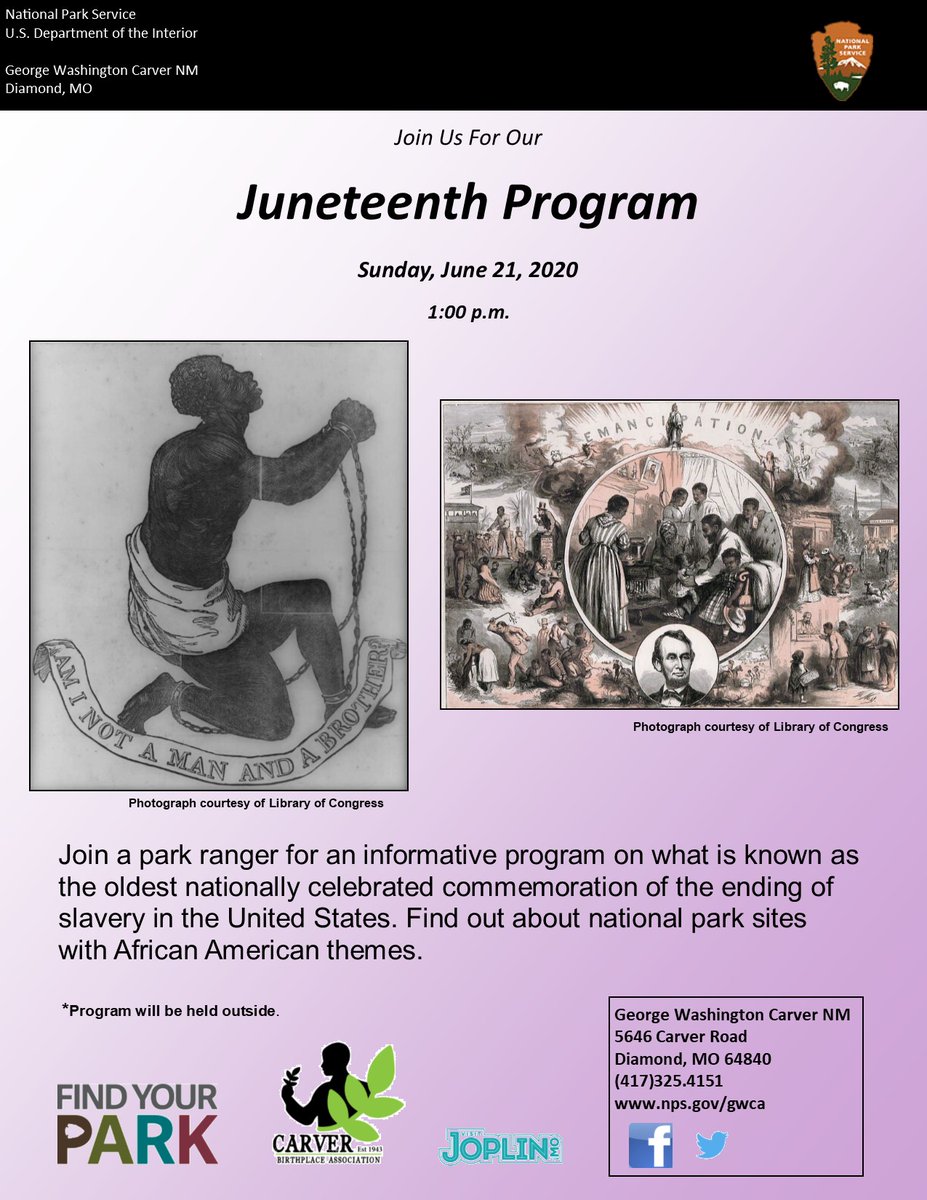 Juneteenth program at the park on Sunday, June 22, 2019 at 1 p.m.  The program will be held outside. 
#FindYourPark 
#JUNETEENTH2020