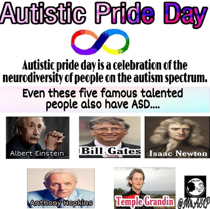 AslpMr's tweet photo. June 18 is observed as Autistic Pride Day which is a celebration of the neurodiversity of people on the Autism Spectrum. 

#mraslp #autisticpride #autisticprideday 
#autism @AnthonyHopkins #alberteinstein
#newtown @anthonyhopkins_ #sirissacnewton #templegrandin  @BillGates https://t.co/rmNYGZlET4