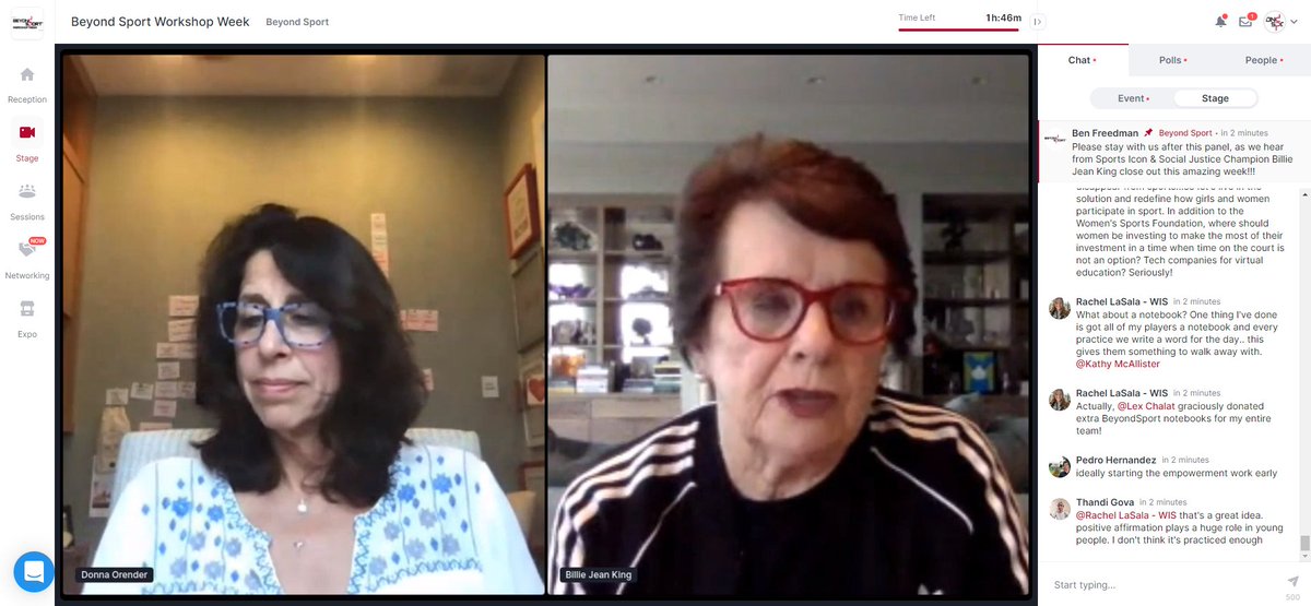 BeyondSport's tweet photo. "Sports give us a platform that very few people have. People love sports, they connect to them. But we have to make sure we include everyone. Althea Gibson changed my life at 13. I asked where is everyone else & decided to fight for equality." - @BillieJeanKing #BYSWorkshopWeek https://t.co/UTZWROJmtw