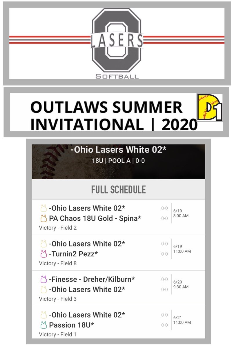 Lasers 18U Gambone (@lasersgambone) on Twitter photo @LasersWhite02 6/19-6/21 schedule <a href="/d1fastpitch1/">D1 Fastpitch</a> 💀 summer invitational 🥎 <a href="/VictoryParkOhio/">Victory Park Ohio</a> @LasersWhite02 6/19-6/21 schedule <a href="/d1fastpitch1/">D1 Fastpitch</a> 💀 summer invitational 🥎 <a href="/VictoryParkOhio/">Victory Park Ohio</a>