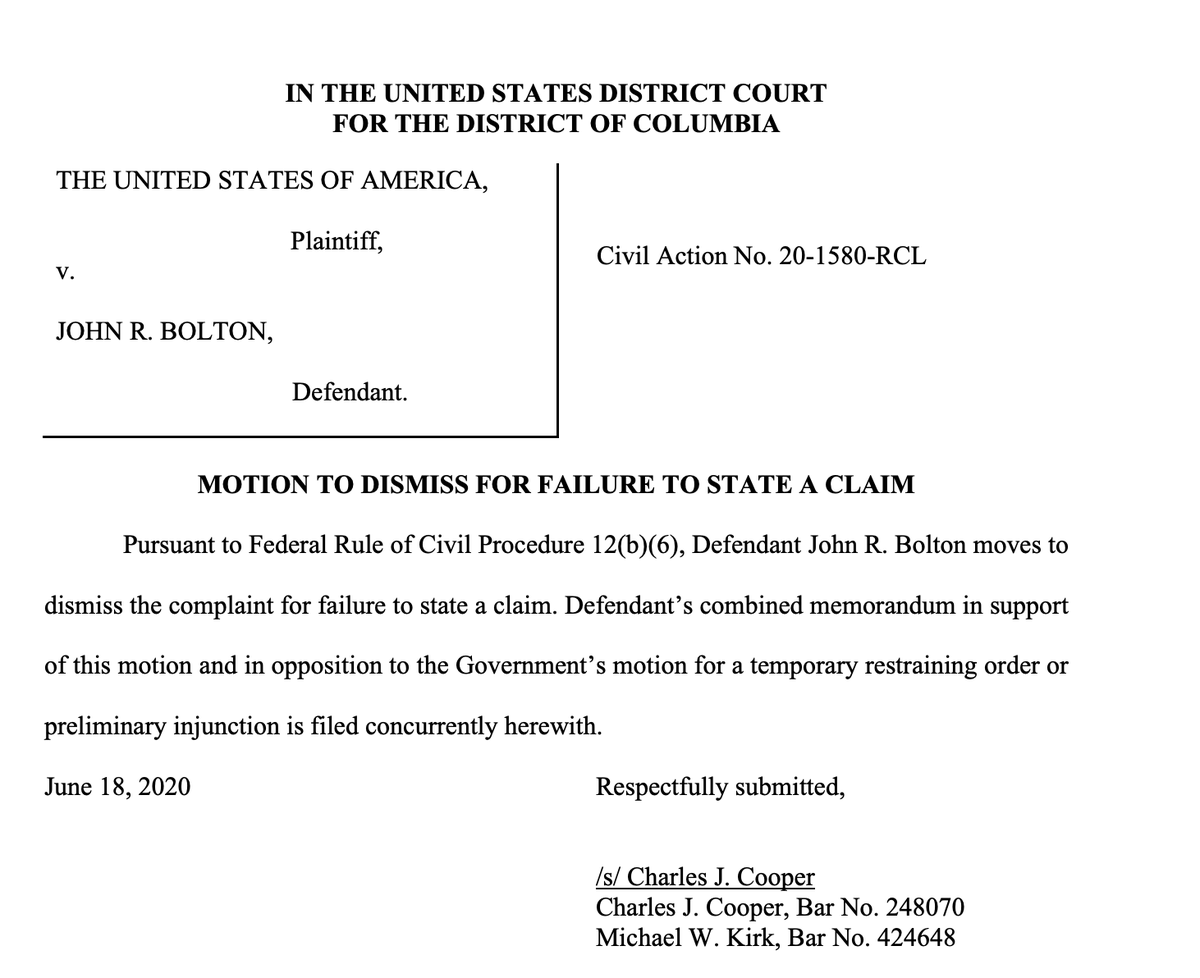 NEW: John BOLTON moves to dismiss the Justice Department suit against him for "failure to state a claim."