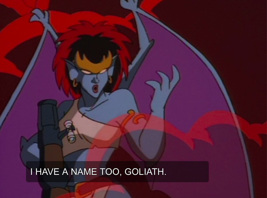 (1500 word essay on how, while most of the gargoyles chose their own names, Demona kept the one given to her by humans, and thus identifies herself through their perception of her: a frightening and unforgiving demonic entity)