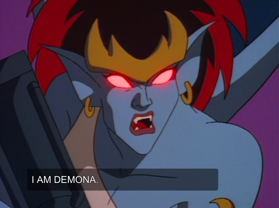 (1500 word essay on how, while most of the gargoyles chose their own names, Demona kept the one given to her by humans, and thus identifies herself through their perception of her: a frightening and unforgiving demonic entity)