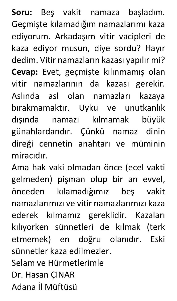 DrHasanCinar's tweet photo. Kaza Namazları Hakkında / Vitir Namazlarının Kazası Yapılmalı mıdır?
#Namaz #vitir #salah https://t.co/heROxrt36D