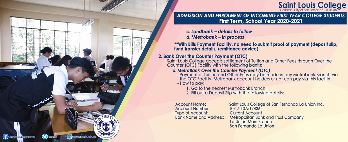 slcsflu's tweet photo. Admission and Enrolment Procedures (On-site and Online) of Incoming First Year College Students for First Term, School Year 2020-2021 (2/3) https://t.co/vvsJiUWLxy