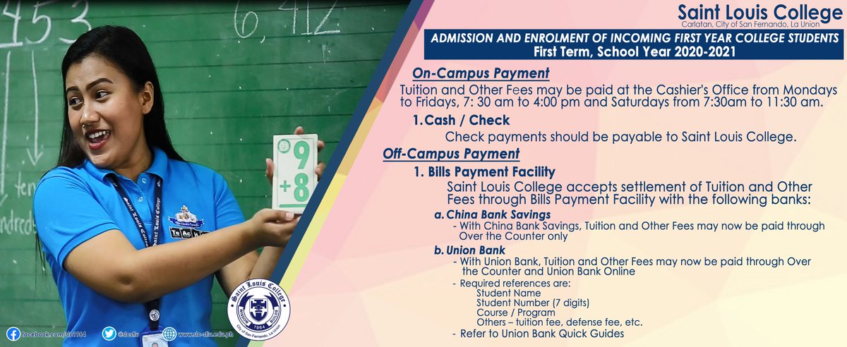 slcsflu's tweet photo. Admission and Enrolment Procedures (On-site and Online) of Incoming First Year College Students for First Term, School Year 2020-2021 (2/3) https://t.co/vvsJiUWLxy
