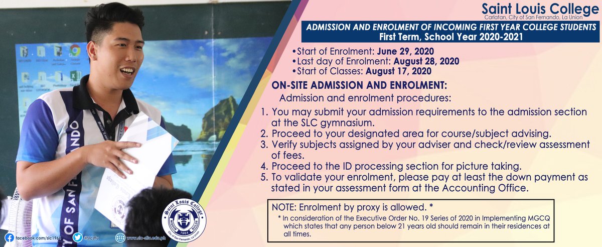 slcsflu's tweet photo. Admission and Enrolment Procedures (On-site and Online) of Incoming First Year College Students for First Term, School Year 2020-2021 (1/3) https://t.co/1LPvKVtNwj
