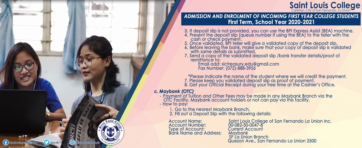 slcsflu's tweet photo. Admission and Enrolment Procedures (On-site and Online) of Incoming First Year College Students for First Term, School Year 2020-2021 (3/3) https://t.co/TCkDKz6tPh