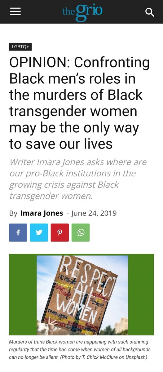  #BlackLivesMatter    #AllBlackLivesMatter A thread about the threat posed to black women and queer people by cis black men: https://thegrio.com/2019/06/24/confronting-black-mens-roles-in-the-murder-of-black-transgender-women/