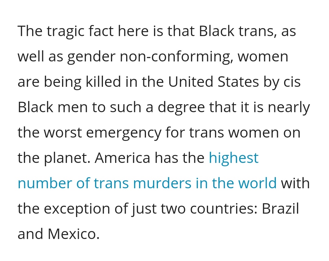  #BlackLivesMatter    #AllBlackLivesMatter A thread about the threat posed to black women and queer people by cis black men: https://thegrio.com/2019/06/24/confronting-black-mens-roles-in-the-murder-of-black-transgender-women/
