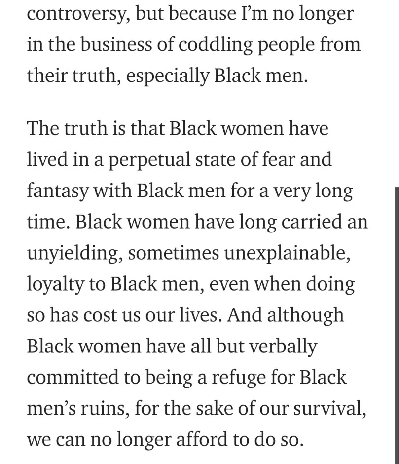 Cis black men use "racial solidarity" to evade accountability for their abuses, and to try to prevent women and queer people from doing anything other than centering cishet black men, and from working with those who'd be better allies to them. https://medium.com/@arahthequill/black-women-can-no-longer-afford-to-save-broken-black-men-f796c93a3b8d