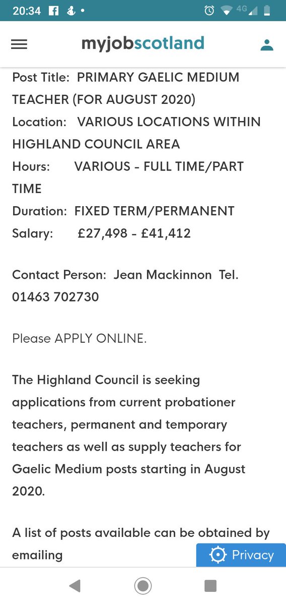 Thanks to poor advertising from  @HighlandCouncil this post will be hidden despite only being put out now 2 weeks before the end of term. Gaelic teachers desperately needed around the Highlands, including Ullapool Primary (cont)