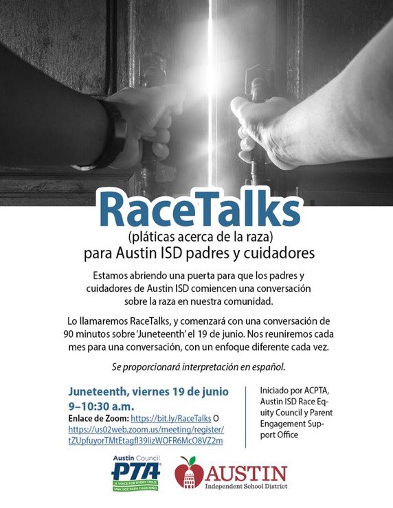 aisdparents's tweet photo. Race Talks:Friday, June 19th, 9:00 am-10:30 am 

We’re opening a door for @AustinISD families &amp; caregivers to join us in a conversation about Race. See flyer for details. 

Registration Link:https://t.co/nanBHiy0Yp https://t.co/WoLbWXCjHU