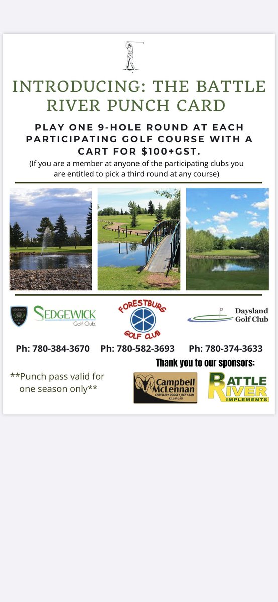 DayslandGolf's tweet photo. We are very excited to announce that we have a partnered with @sedgewickgolf and the Forestburg Golf club and developed a punch pass to use at all three course. See your local club for details. #greatfathersdaypresent https://t.co/5yhPhheqEa
