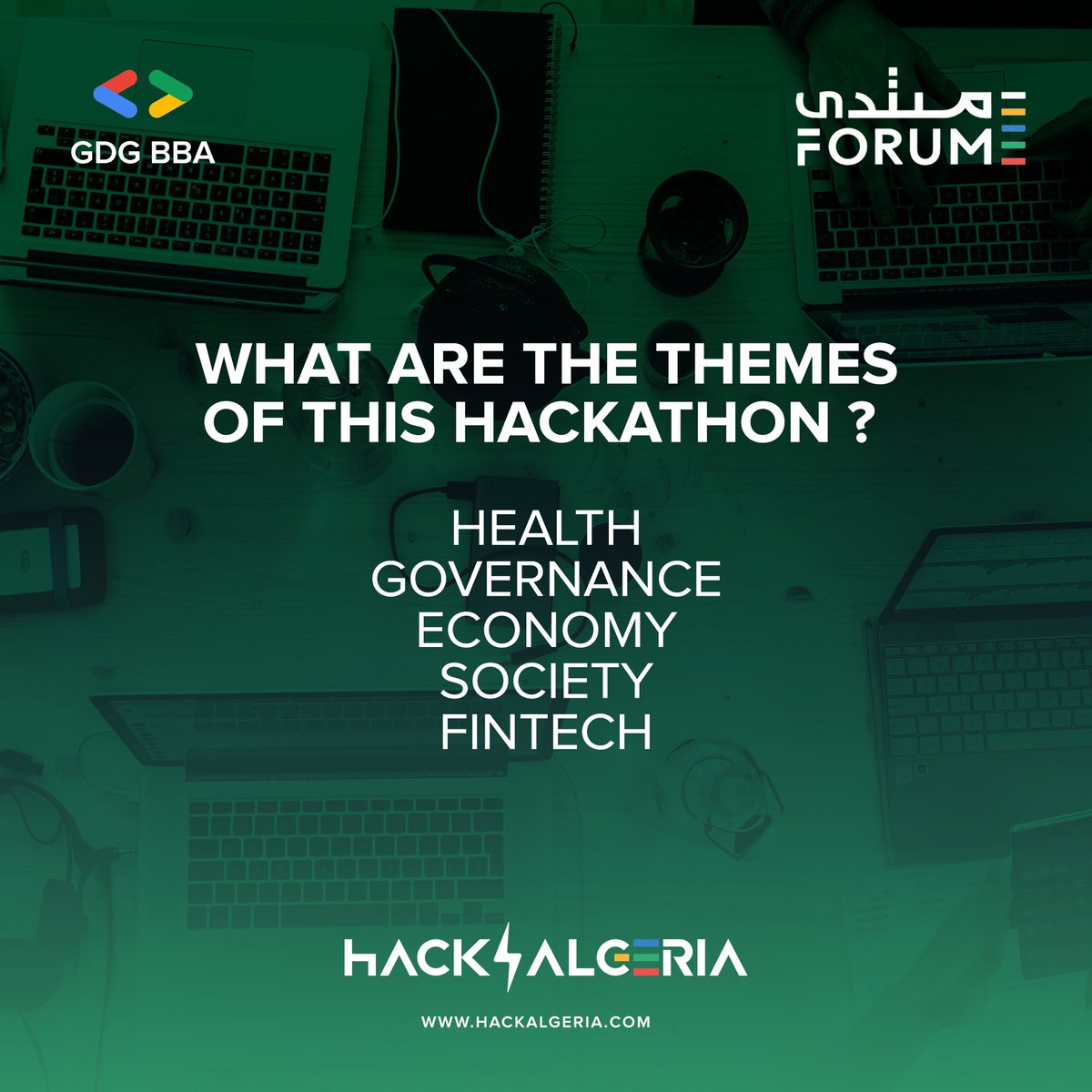#HackAlgeria 💻

These are the themes of the HackAlgeria Hackathon : - Health 🩺
- Governance 📲
- Economy 📈
- Society 👥
- Fintech ⌨️ which one do you want to participate with ? 🤔
#GDGBBA_Family
#GDG_BBA