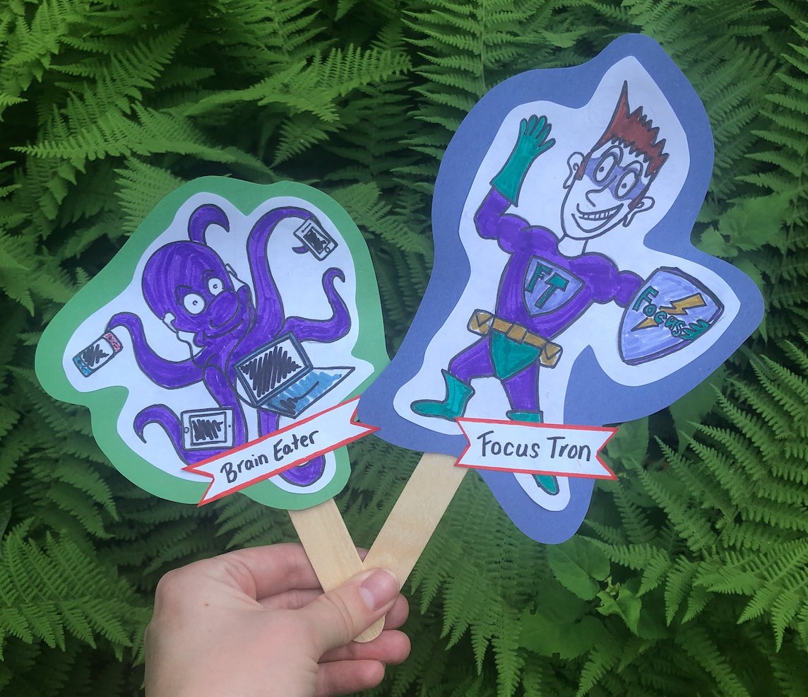 ASwayneOTS's tweet photo. Made some Thinkable/Unthinkable characters today. Meet Brain Eater, prepared to distract you and throw you off task, and his nemesis, Focus Tron! Great social thinking tools to use with future students #ots194a @OTDbcp @TuftsASEgrad https://t.co/zY93g0SpX3