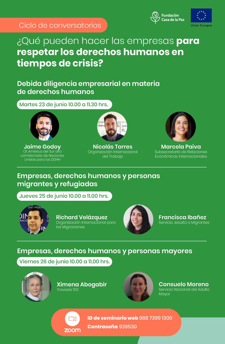 casadelapaz's tweet photo. En el marco del lanzamiento de las Guías Chile sobre derechos humanos y empresas, los y las invitamos a conversar sobre cómo tu empresa puede respetar los derechos humanos de migrantes, refugiados y personas mayores, en el contexto de su respuesta a la crisis actual. #DDHH https://t.co/e1zk7XNCi9