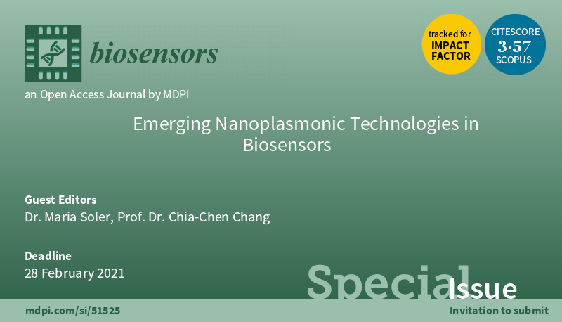 Biosensors_MDPI's tweet image. #mdpibiosensors A new Special Issue &quot;Emerging #Nanoplasmonic Technologies in #Biosensors&quot; is open for submission. 
mdpi.com/journal/biosen…
Deadline: 28 February 2021.
Guest Editors: Dr. Maria Soler and Prof. Chia-Chen Chang @icn2nano @CGUR_D