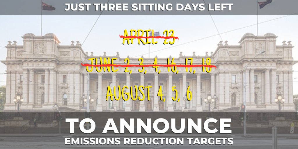 THE CLOCK'S TICKING... The #VicClimateAct requires the Andrews govt to announce interim Emissions Reduction Targets within ten sitting days of March 31. #VicTargets #SpringSt