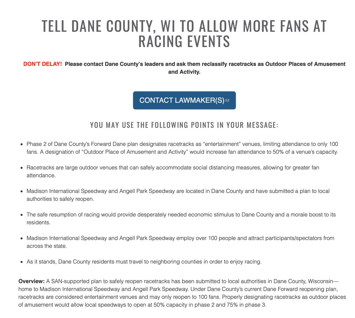 MISRacing's tweet photo. Wisconsin, speak up: tell leaders of Dane County, WI to allow more fans at racing events—see details here: https://t.co/sFSjko6WNN https://t.co/8AYw4DVpmR