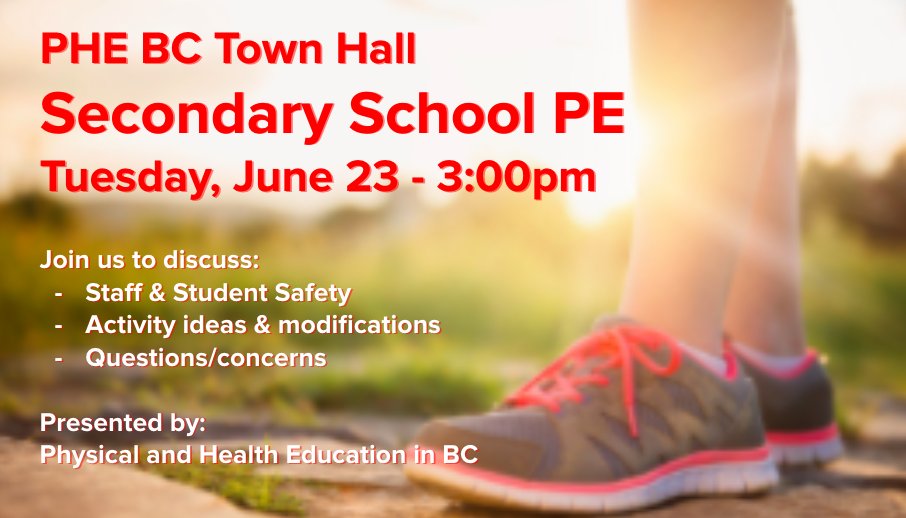Secondary School Town Hall coming Tues. June 23. Join reps from @PE_BC <a href="/viaSportBC/">viaSport</a> and <a href="/BCSchoolSports/">BC School Sports</a> to explore activity &amp; sport in the secondary setting.  Click  link to register: docs.google.com/forms/d/e/1FAI…
You will be sent Zoom link ~60 min before meeting.