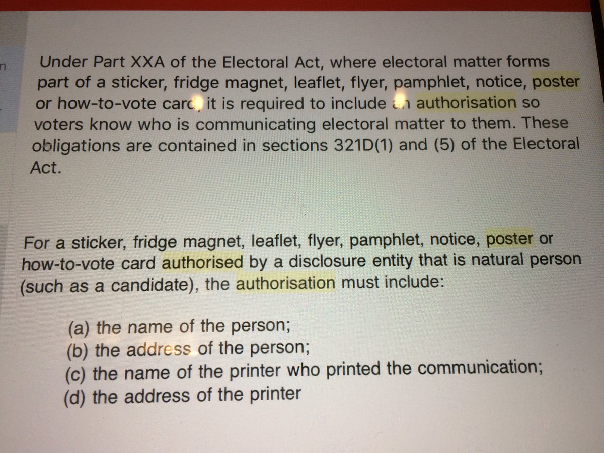 @AusElectoralComm, I didn't hear what timeframe the Liberal Party had been allowed to 'retrofit' their non compliant signage in  #EdenMonaro, but I have now been advised that there is STILL significant signage, even in the ACT, which has NEITHER authorisation OR printer details 