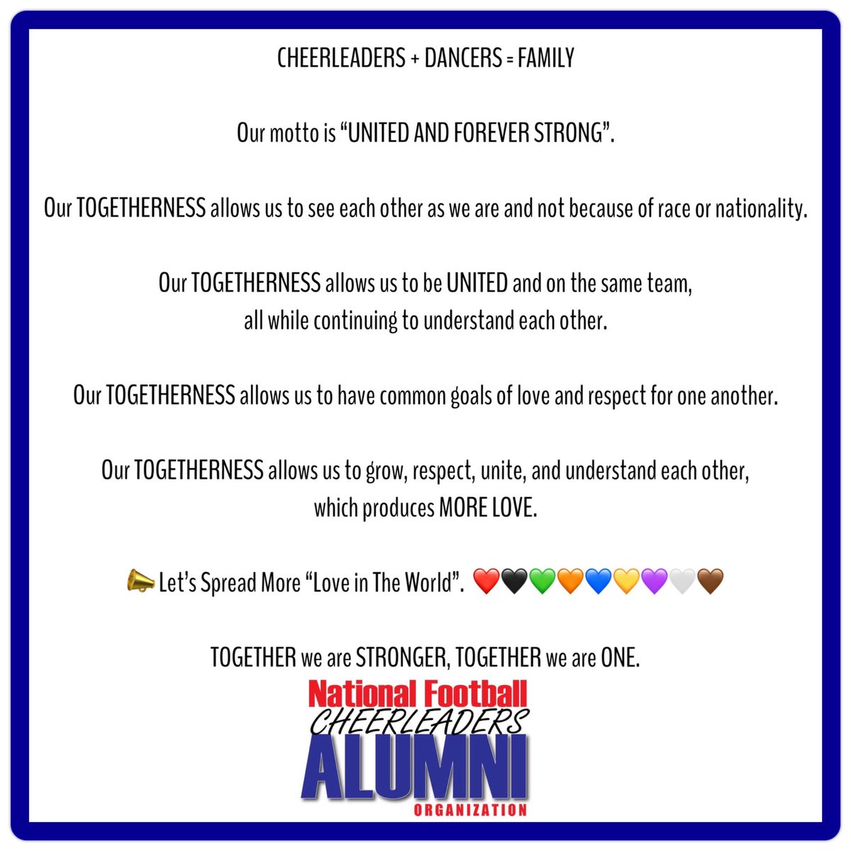 The NFCAO Officers and Board would like to share the meaning of our motto..."United and Forever Strong". ❤️🖤💙💚💛💜🧡🤍🤎

#NFCAO #NFLCHEERALUMNI #LOVEYOURSELFLOVEOTHERS #CHEER4LOVE
