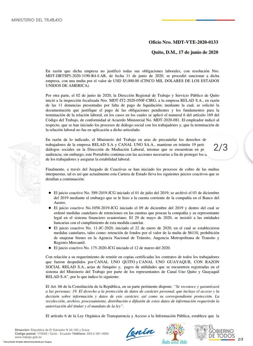LilianaDuranA's tweet photo. Luego de varios pedidos de información que se realizó al gobierno sobre la situación de los trabajadores de @CanalUnoTv, nos responden que han procedido con un nuevo juicio por coactiva. Seguimos luchando junto a ustedes, por sus derechos. @AsotceEcuador https://t.co/1l7s4RpHhM