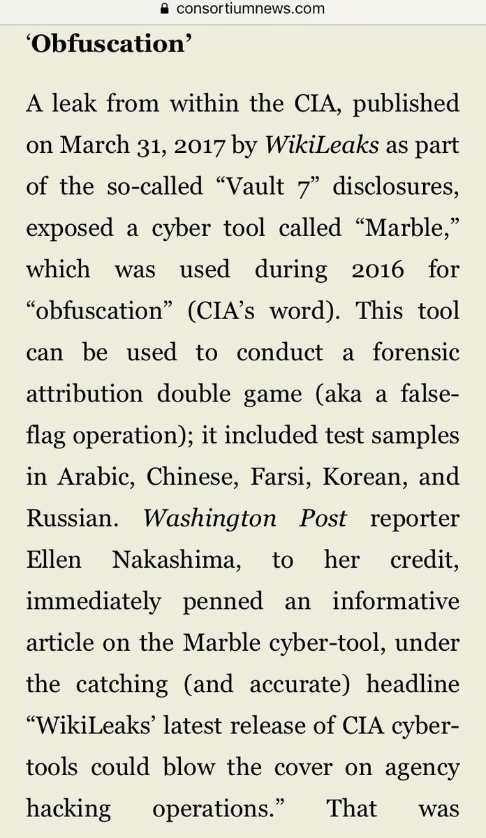 @7NewsCanberra @ScottMorrisonMP @wikileaks @Consortiumnews @raymcgovern 2/  This tool can be used to conduct a forensic attribution double game (aka a false-flag operation.”

consortiumnews.com/2019/04/16/vip…

#auspol #obfuscation #wikileaks #Vault7 #MarbleFramework